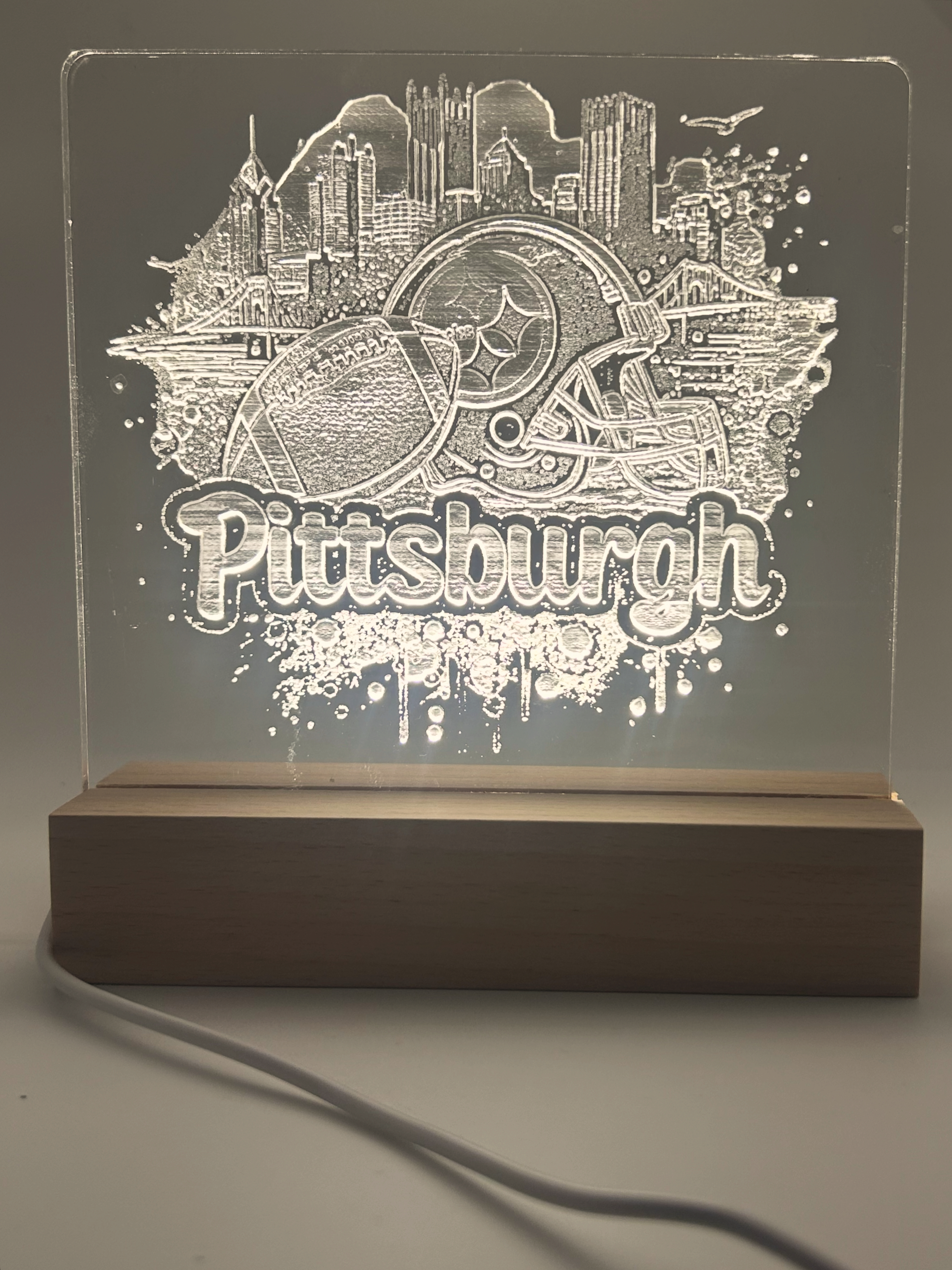 Pittsburgh Football Skyline LED Acrylic Lamp (Engraved Edge-Lit Night Light)