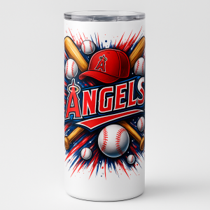 =White tumbler with bold red 'Angels' lettering, red baseball cap, wooden bats, and baseballs on a splash-style red, white, and blue background.