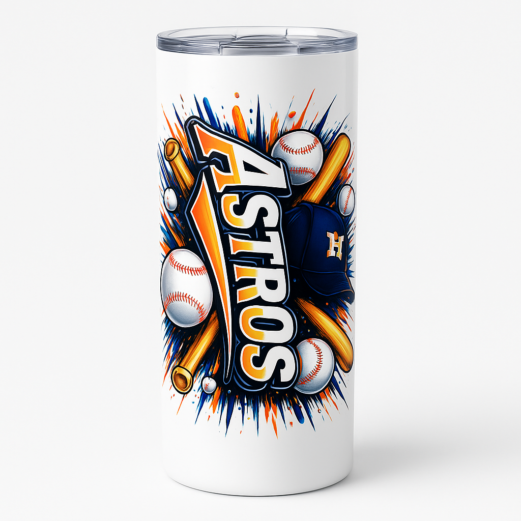 =White tumbler with bold 'Astros' lettering and splashy baseball art of bats, balls, and a navy cap.