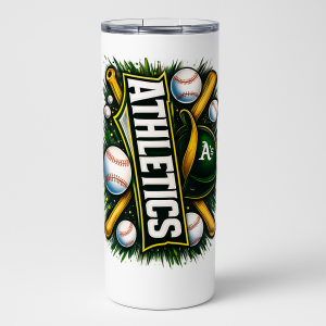 =White 20 oz skinny stainless steel tumbler with green and gold baseball-themed 'Athletics' artwork, bats and baseballs, and a clear splash-proof lid