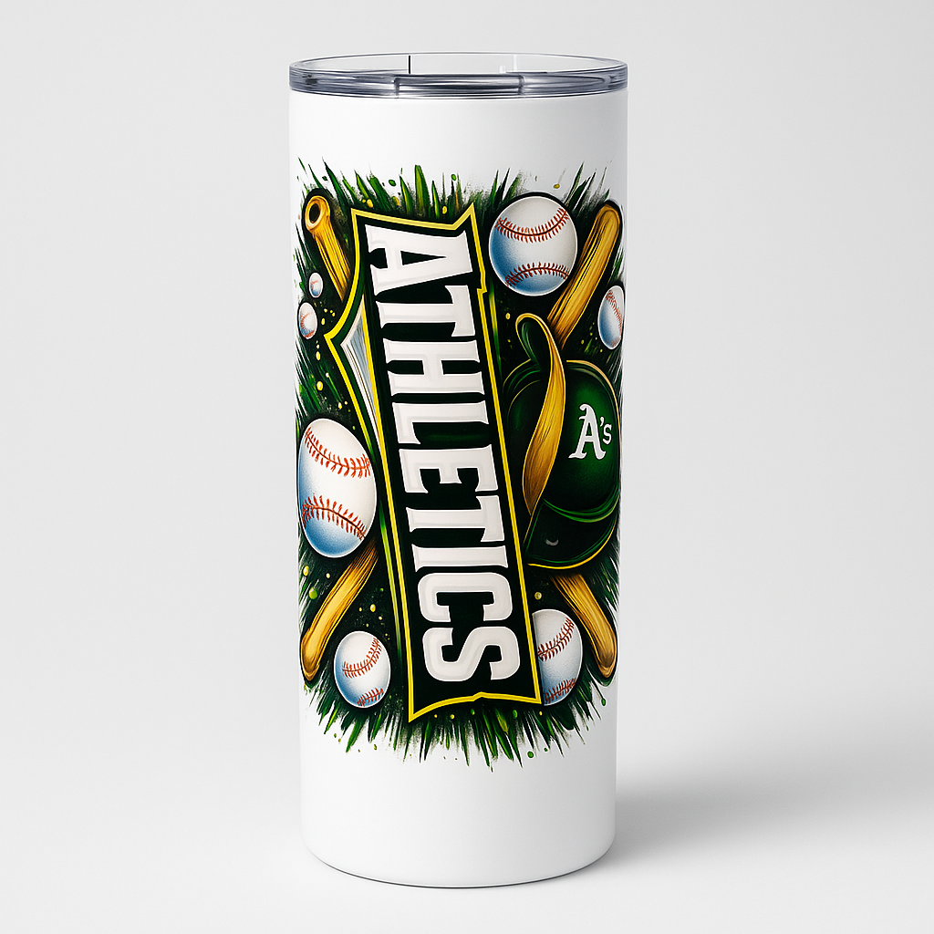 =White 20 oz skinny stainless steel tumbler with green and gold baseball-themed 'Athletics' artwork, bats and baseballs, and a clear splash-proof lid