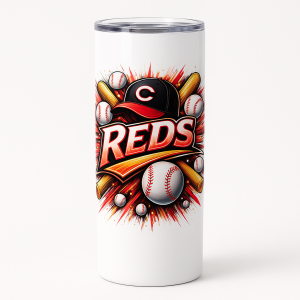 =White 20 oz skinny tumbler with a bold baseball burst design featuring 'REDS' lettering, bats, balls, and a cap, with a clear splash-proof lid.