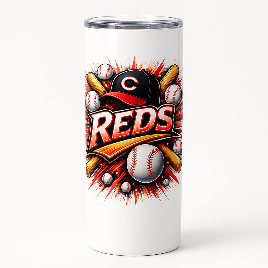 =White 20 oz skinny tumbler with a bold baseball burst design featuring 'REDS' lettering, bats, balls, and a cap, with a clear splash-proof lid.