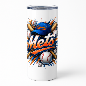 =White 20 oz skinny stainless steel tumbler with bold orange-and-blue “Mets” script and baseballs/bats graphic, topped with a clear lid.