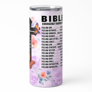 =Lavender floral Christian tumbler with a cross, butterflies, and the text “BIBLE Emergency Numbers” with a list of comforting references.