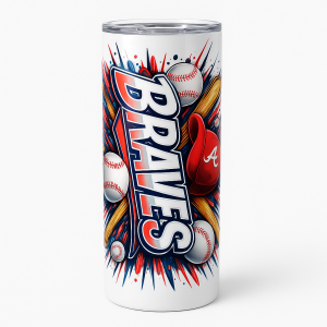 =20 oz skinny stainless steel tumbler with bold 'BRAVES' baseball graphic, bats, balls, and a red cap; includes splash-proof lid and reusable straw