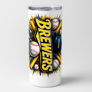 =White tumbler with bold “BREWERS” lettering in yellow and navy, surrounded by illustrated baseballs, bats, and a cap, topped with a clear lid.