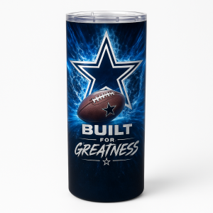 =Tall tumbler with electric-blue star, football graphic, and the words Built for Greatness on a dark background with a clear lid