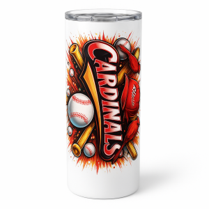 =White tumbler featuring bold “Cardinals” lettering with dynamic baseball-themed art—bats, balls, a red cap, and a cardinal bird on a fiery splash background.