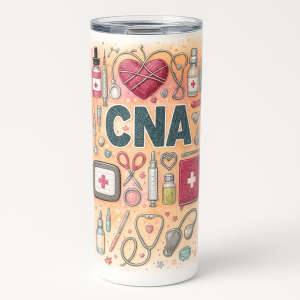 =CNA-themed 20 oz skinny stainless steel tumbler with peach background and illustrated medical icons, clear splash-proof lid and reusable straw