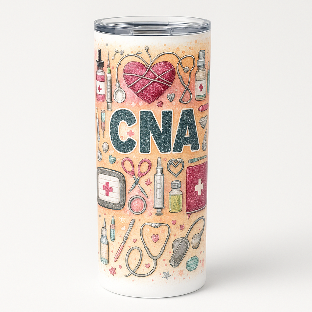 =CNA-themed 20 oz skinny stainless steel tumbler with peach background and illustrated medical icons, clear splash-proof lid and reusable straw