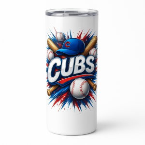 =White tumbler with bold CUBS lettering, blue cap with a red C, baseballs, bats, and a red-and-blue splash graphic.