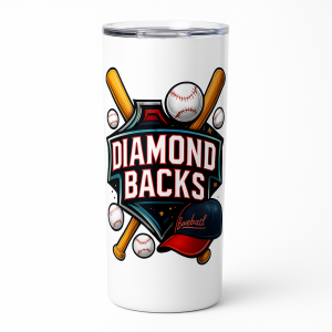 =White skinny 20 oz stainless steel tumbler with clear lid featuring a baseball-themed 'Diamond Backs' graphic with bats and baseballs.
