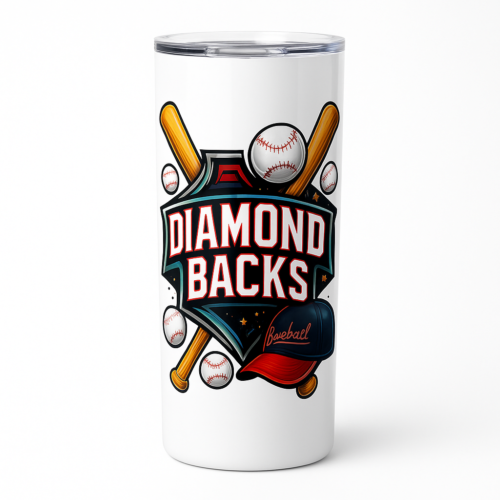 =White skinny 20 oz stainless steel tumbler with clear lid featuring a baseball-themed 'Diamond Backs' graphic with bats and baseballs.