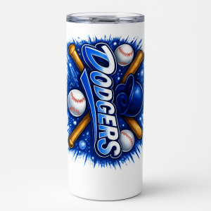 =White tumbler with bold blue “Dodgers” script, crossed bats, baseballs, and a cap illustration on a splash-style blue background