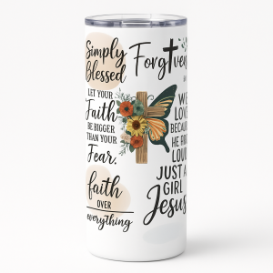 =White 20 oz skinny stainless steel tumbler with Christian quotes, floral cross, and butterfly, plus clear splash-proof lid and straw