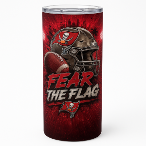 =Red sports tumbler with skull-and-flag football helmet and “FEAR THE FLAG” slogan on an explosive background