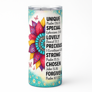 =Tumbler with bold faith words—Unique, Special, Lovely, Precious, Strong, Chosen, Forgiven—beside a bright boho floral design with butterflies and daisies.