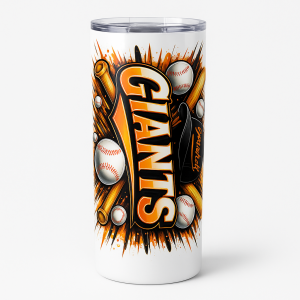 =White tumbler with bold orange and black GIANTS lettering surrounded by baseballs, bats, glove, and splash-style graphics