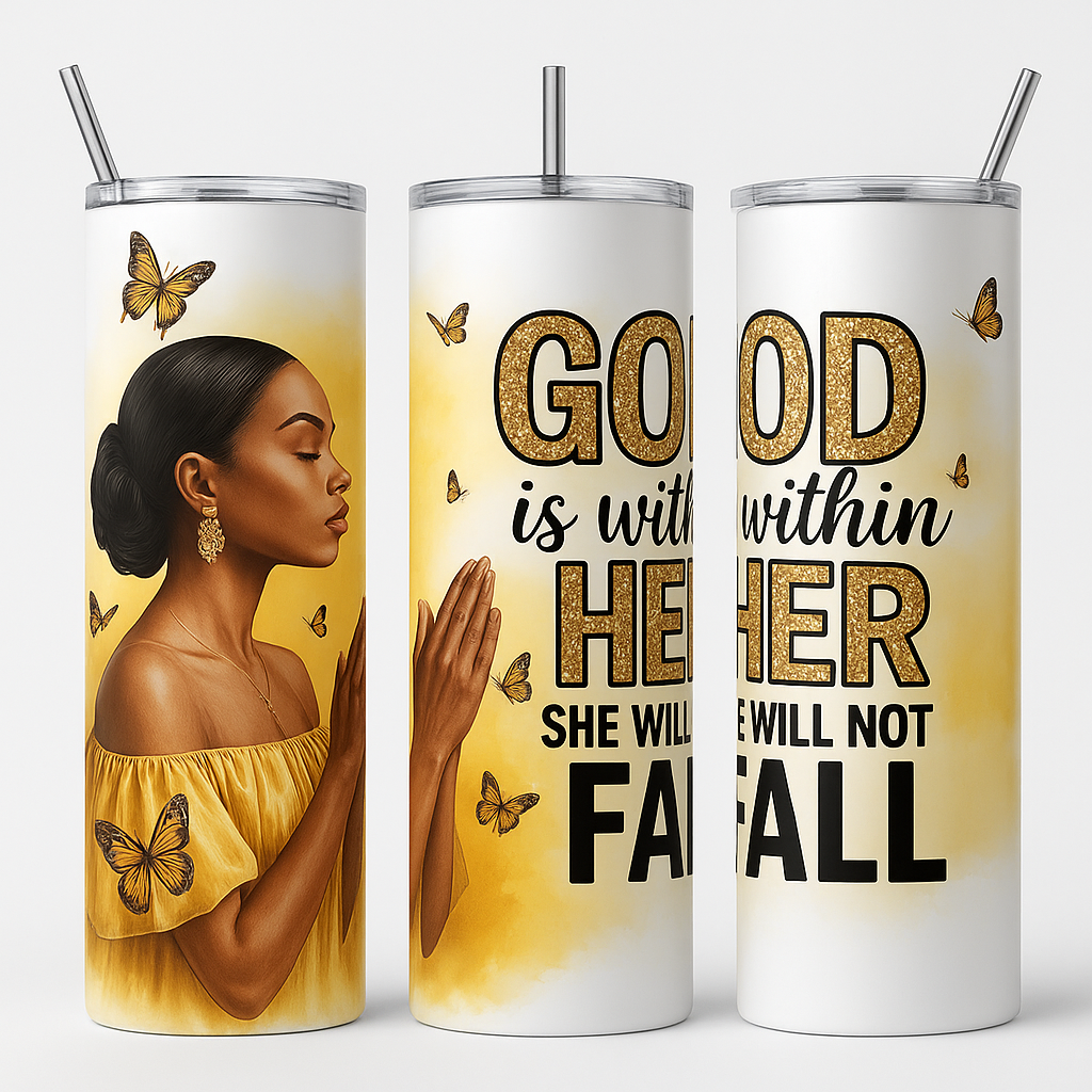 God Is Within Her 20 oz Skinny Tumbler – Praying Woman & Butterflies - Image 2