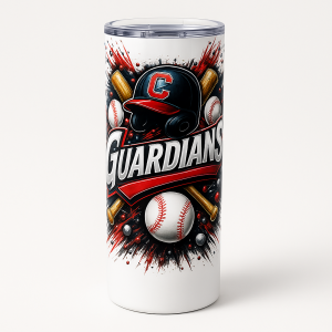 =White tumbler with bold 'Guardians' baseball artwork featuring a helmet with a C, crossed bats, baseballs, and red-black splash effects