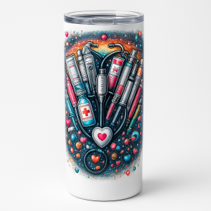 =White 20 oz skinny stainless steel tumbler with colorful medical artwork featuring a heart-shaped stethoscope, syringes, and vials, paired with a clear splash-proof lid.