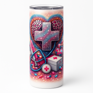 =20 oz skinny stainless steel tumbler with glittery medical cross, leopard heart, stethoscope, syringes, pills, and first-aid kit artwork.
