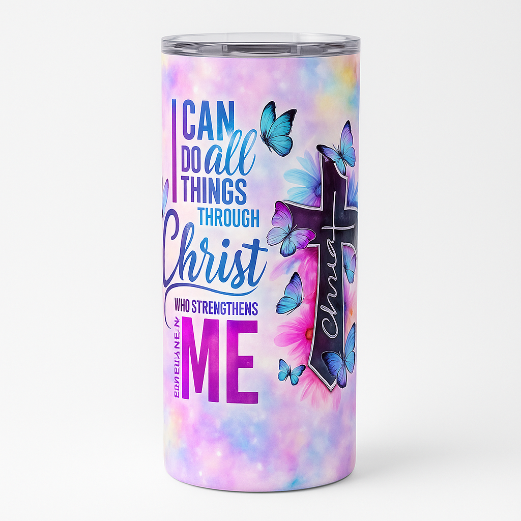 =Pastel tie-dye tumbler with a cross, blue butterflies, and the phrase “I can do all things through Christ who strengthens me.”