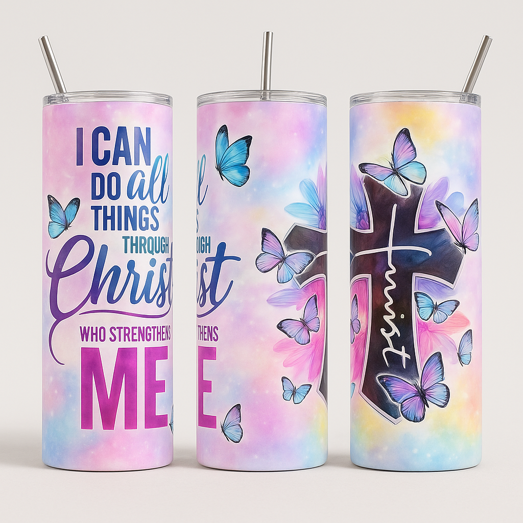 'I Can Do All Things' Cross & Butterflies Tumbler - Image 2