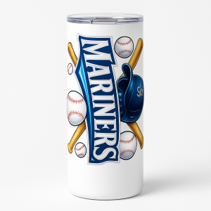 =White 20 oz skinny stainless steel tumbler with 'Mariners' baseball graphic, crossed bats, baseballs, navy helmet, and clear splash-proof lid.