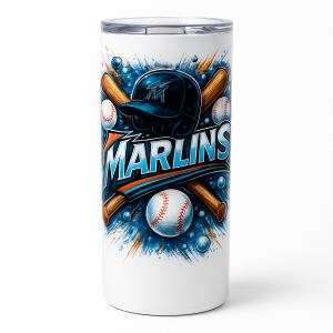 =White tumbler with dynamic “Marlins” baseball graphic featuring a stylized cap, crossed bats, baseballs, and blue-orange splash effects with a clear lid.