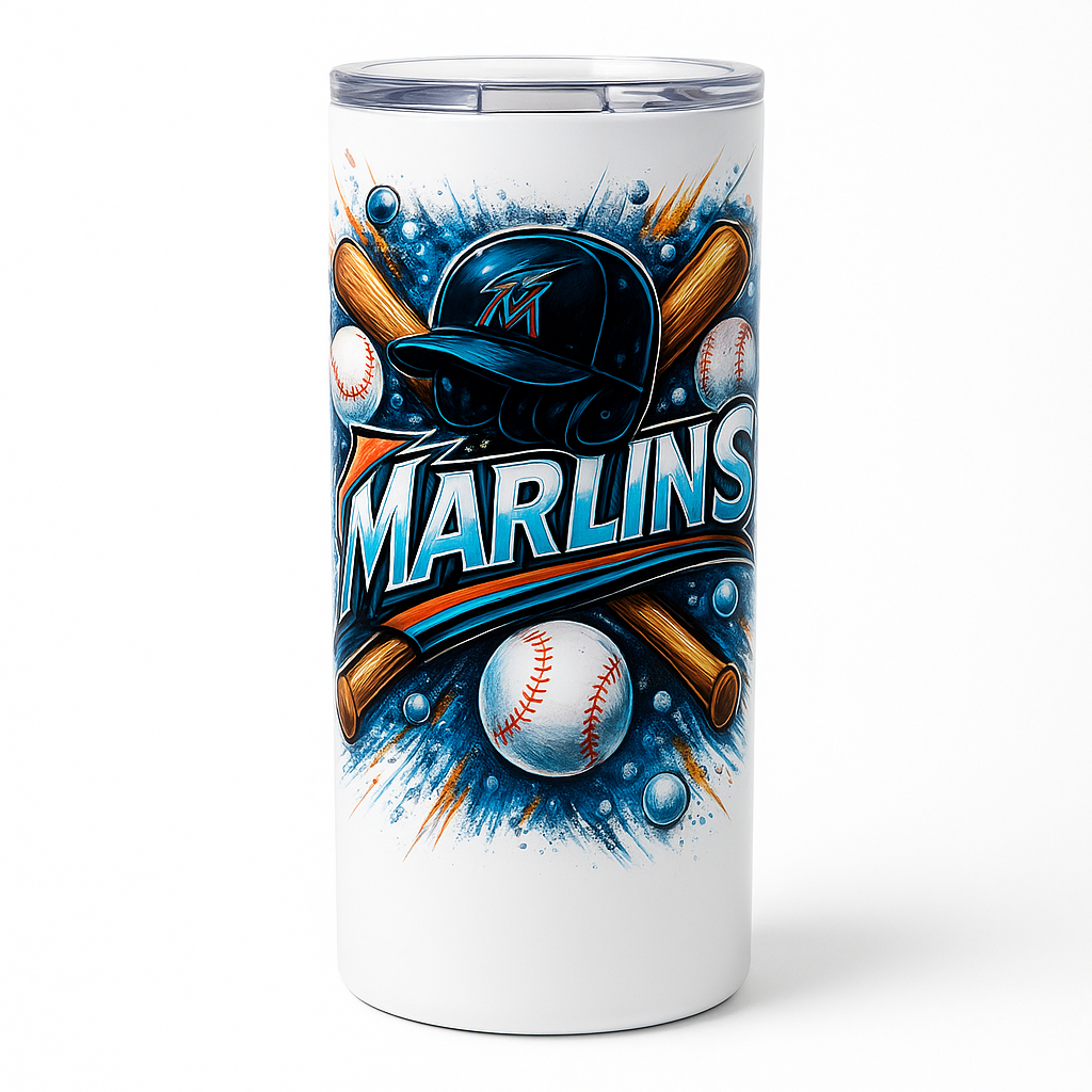 =White tumbler with dynamic “Marlins” baseball graphic featuring a stylized cap, crossed bats, baseballs, and blue-orange splash effects with a clear lid.