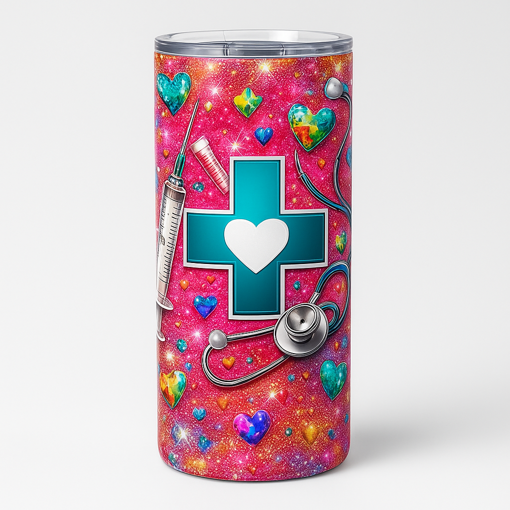=20 oz stainless steel skinny tumbler with pink glitter medical design featuring a teal cross with heart, stethoscope, syringe, and colorful hearts; includes splash-proof lid and straw