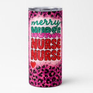 =Pink leopard print 20 oz skinny stainless steel tumbler with glitter-style text reading “Merry Nurse Nurse Nurse,” includes splash-proof lid and reusable straw