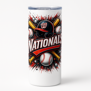 =White 20 oz skinny stainless steel tumbler with fan-inspired 'Nationals' baseball design featuring a helmet, crossed bats, baseballs, and red/black splatter, plus a clear splash-proof lid.