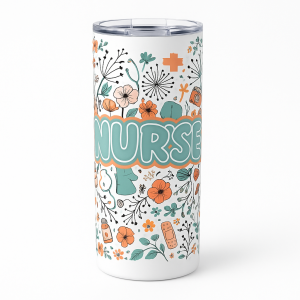 =20 oz skinny stainless steel tumbler with 'NURSE' lettering and teal/orange floral medical doodles, clear splash-proof lid and reusable straw