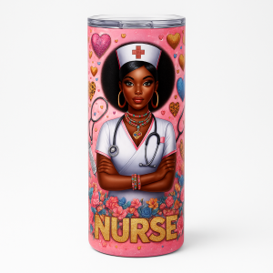 =Pink nurse-themed 20 oz skinny tumbler with an illustrated nurse, hearts, florals, and large NURSE text, shown with a clear splash-proof lid.
