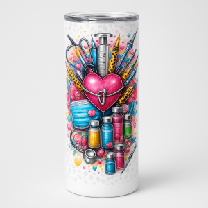 =White 20 oz skinny tumbler with colorful nurse-themed illustration showing a pink heart with stethoscope, syringe, face mask, and medicine vials, topped with a clear splash-proof lid.
