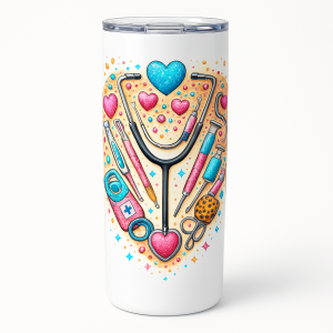 =White 20 oz skinny stainless steel tumbler with colorful medical-themed design showing a stethoscope forming a heart, syringes, bandage, and scissors in pink and teal, with a clear splash-proof lid.