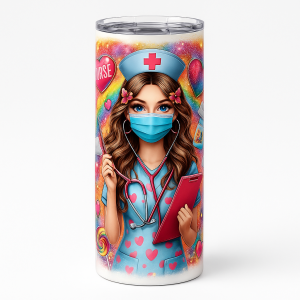 =Colorful nurse-themed 20 oz skinny stainless steel tumbler with masked nurse illustration, hearts, splash-proof lid, and reusable straw.