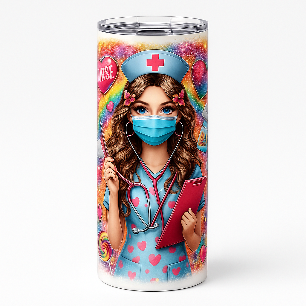 =Colorful nurse-themed 20 oz skinny stainless steel tumbler with masked nurse illustration, hearts, splash-proof lid, and reusable straw.