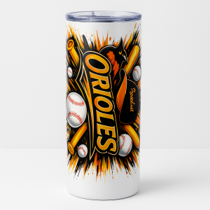 =White tumbler featuring bold “ORIOLES” text with an orange-and-black bird, baseball bats, and baseballs in a dynamic splash-style design.