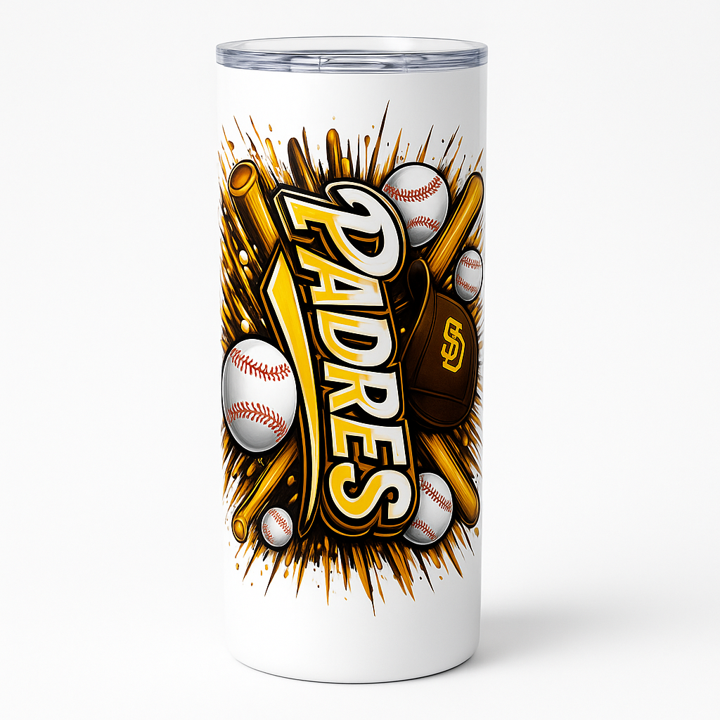 =White tumbler with bold brown-and-gold baseball art featuring ‘Padres’ lettering, bats, baseballs, and an SD cap graphic