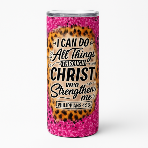 =Pink tumbler with leopard print center and the verse 'I can do all things through Christ who strengthens me — Philippians 4:13' in bold lettering