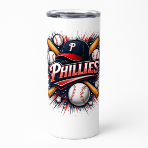 =White 20 oz skinny tumbler with ‘Phillies’ baseball script, cap, bats, and baseballs graphic, shown with a clear splash-proof lid and reusable straw.