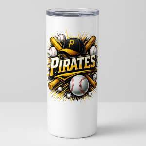 =White tumbler with bold “PIRATES” baseball graphic, featuring bats, baseballs, and a black-and-gold cap.