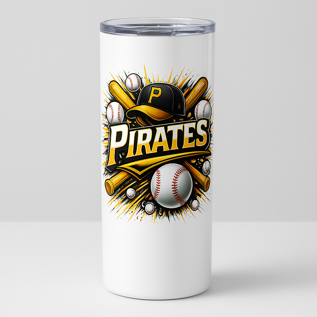 =White tumbler with bold “PIRATES” baseball graphic, featuring bats, baseballs, and a black-and-gold cap.