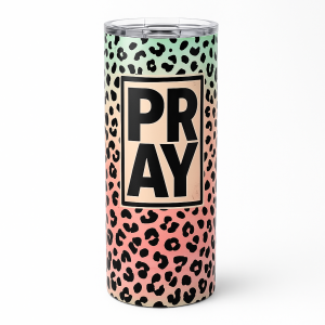 =Tall tumbler with mint-to-pink gradient, black leopard print, large PRAY text on the front, and a clear lid