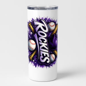 =White tumbler with purple splash design featuring 'Rockies' lettering, baseballs, and bats
