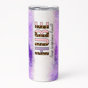 =20 oz skinny stainless steel tumbler with purple-to-white glitter-effect background, leopard-print block letters, and clear lid